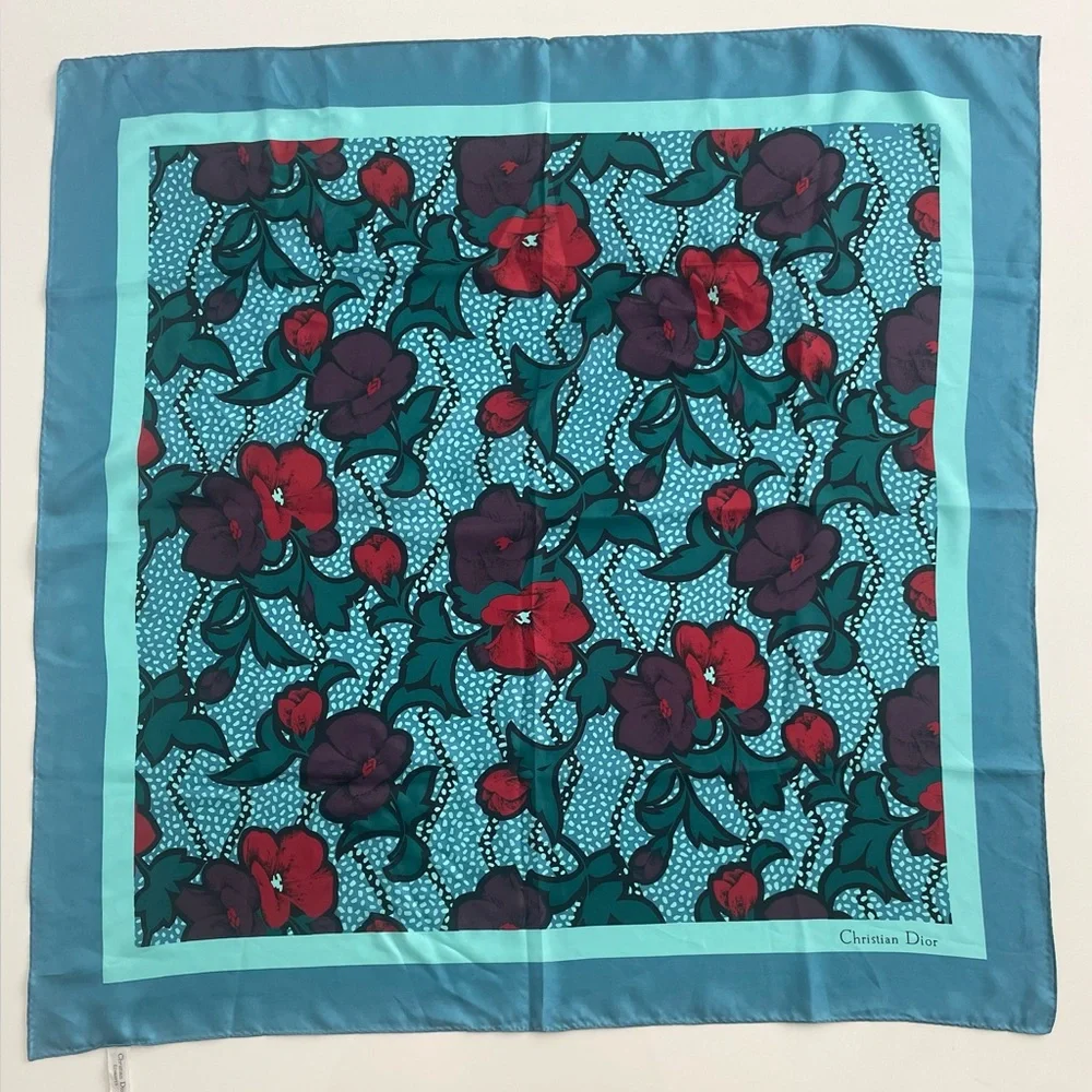 Dior Vintage Silk Scarf with Red and Blue Floral Design